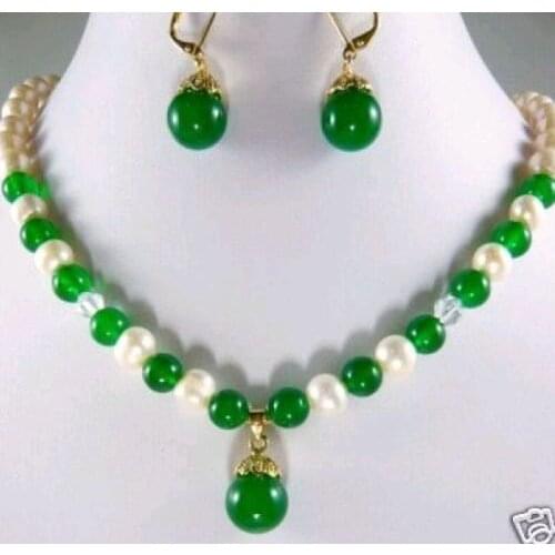 Hot sell new - shitou 00501 noblest green stone& pearl necklace pendant earrings set