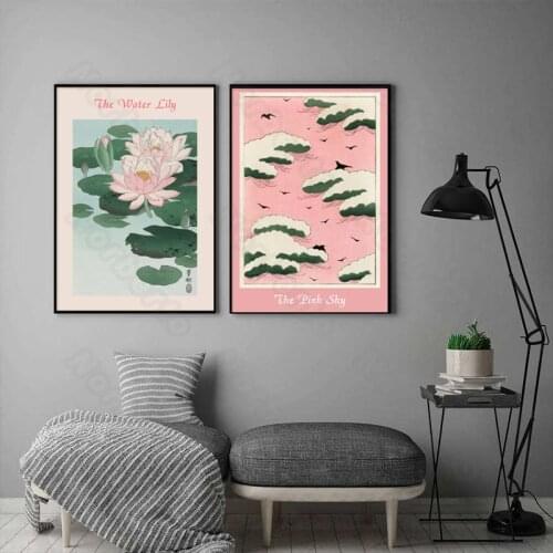 Canvas Painting Watercolor Poster and Print Pink Water Lily Flowers Pink Sky White Clouds for Home Rooms Gallery Wall Decoration
