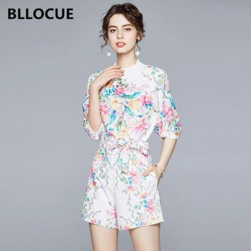 BLLOCUE Summer Multicolor Flower Print Two Piece Set Vintage Women Puff Sleeve Pullover Shirts Top + Bow Wide Leg Shorts Set