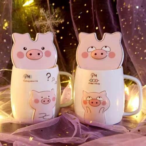Creative cartoon pink girl heart cute pig expression ceramic coffee cup with lid spoon for girlfriendchildfriend holiday gift
