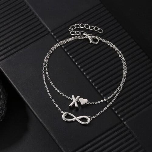 Fashion Double Layer Chain Figure Eight Heart Shape Initial Letter A-L Alphabet Alloy Silver Plated Anklets For Women