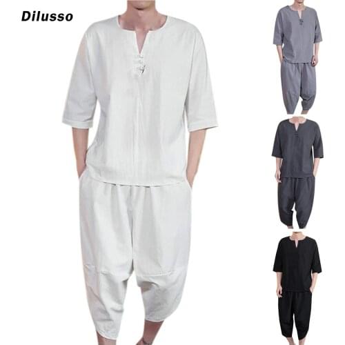 Mens Casual Solid Color T-shirt Shorts Suit Mens 2 Piece Outfit Summer Casual Stylish Linen Short Sleeve T Shirts Street 2021