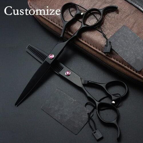 Customize Left hand 440c 6 & 5.5 inch BLACK hair scissors set cutting barber makeup tools thinning shears hairdressing scissors