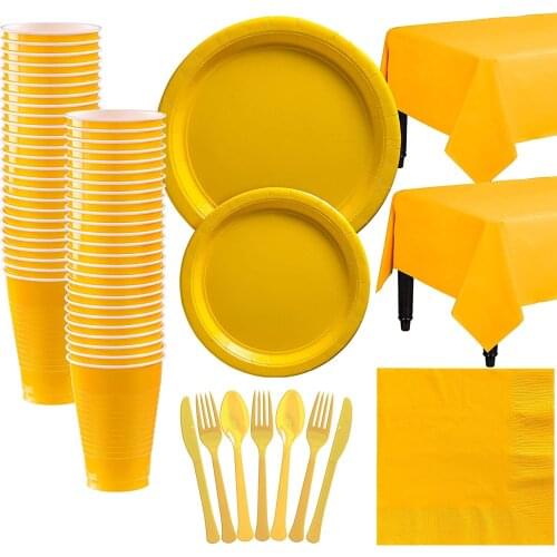 Suit 10 People High Quality Stamping Disposable Yellow Plastic Tableware Set Cup Plate Adult Birthday Party Decor Kids Wedding
