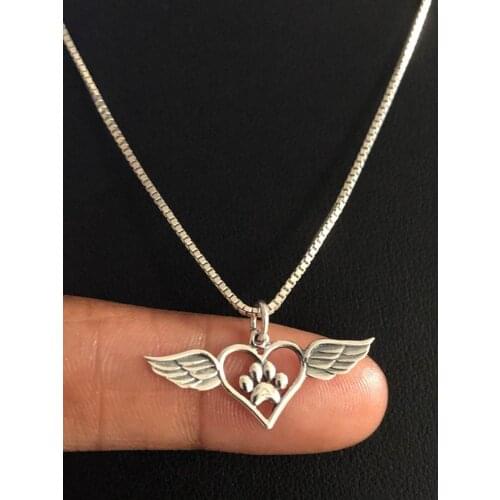 Angel Wings Paw Print Necklace, Angel Wings Charm, Paw Print Heart Necklace, Cat Dog Lovers Jewelry Memorial Gifts