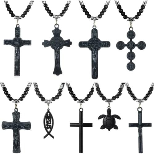 Retro Jesus Cross Pendants Necklace Black Color Beads Chains Saint Benedict Medal Necklaces for Men Religious Jewelry Gift kolye