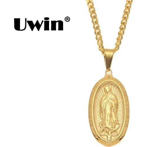 Uwin Catholic Religious Virgin Mary Necklace Pendant Stainless Steel Gold Color Cross Medallion Women Men Christian Jewelry