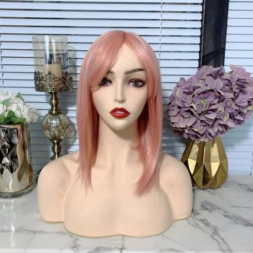 Pink Short Bob Straight Full Machine Made Synthetic Highlighs Wig with Bangs Natural Free Part Daily Use Red Wig For Women