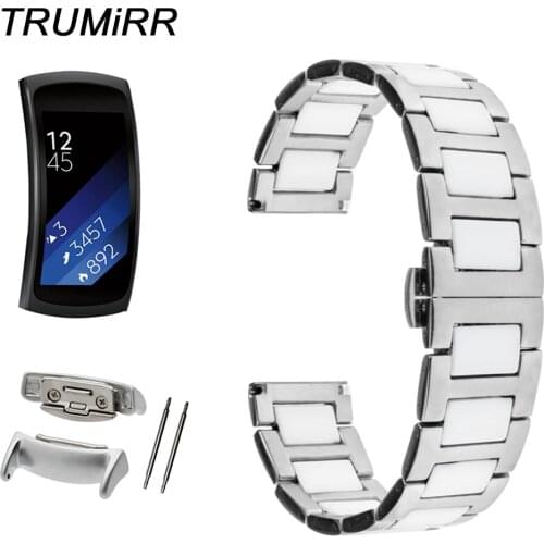 Ceramic & Stainless Steel Watch Band with Adapters for Samsung Gear Fit 2 SM-R360 Butterfly Clasp Strap Wrist Belt Link Bracelet