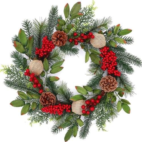 18IN Christmas Wreath Window Door Decoration Advent Garland Red Berries Evergreen Leaves Burlap Ball Christmas Wreath Good