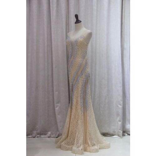 Sexy Mermaid Evening Dresses 2020 Gold Beading O-neck Luxury Dubai Design Prom Dresses vestidos robe LE40785
