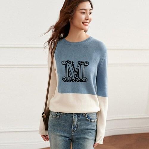 100% Cashmere Sweater Women Casual Style Letter Patchwork Sweatshirt Loose O Neck Long Sleeves New Fashion