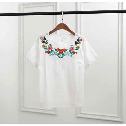 Embroidery Floral Femme Blouse Lace Short Sleeve Hollow Out Loose T Shirt Elegant Retro Chic Hauts Top Chic Women Vintage