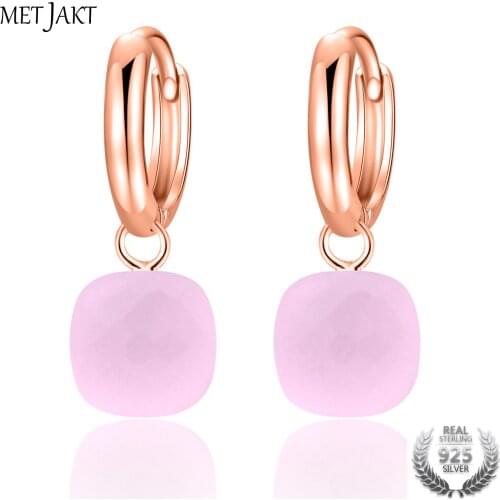 MetJakt Rose Gold Color Earring with Natural Pink Agate Solid 925 Sterling Silver Earring for Women Wedding Party Luxury Jewelry