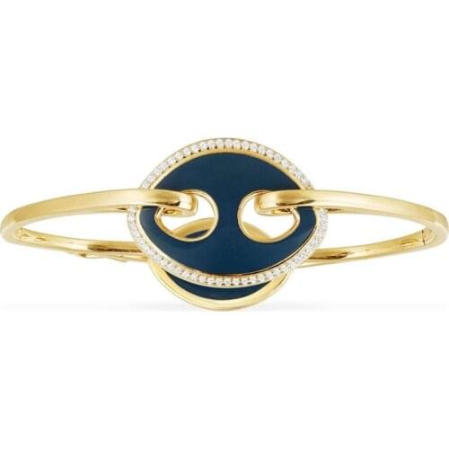 SLJELY Real 925 Sterling Silver Yellow Gold Color Navy Blue Enamel Bangle Micro Cubic Zirconia Stones Bracelet Women Jewelry