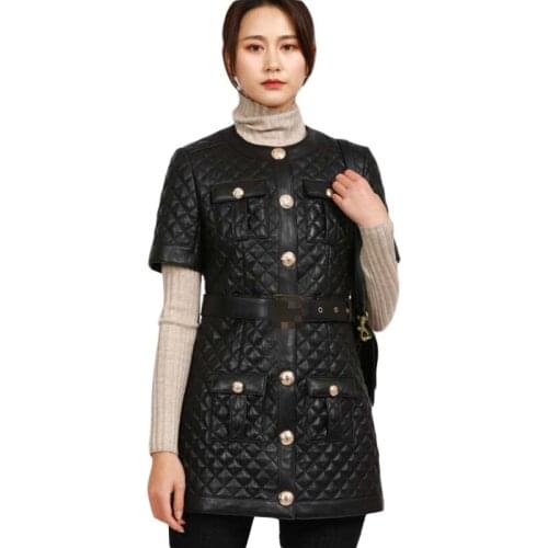 Womens sheepskin coats 2021 women genuine leather jacket ladies single breasted short sleeve black real leather coat