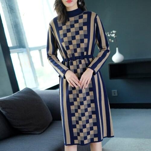 Autumn Winter Vintage Women Plaid Sweater Dress 2021 Korean Casual One Size Midi Dress Female Elegant Bodycon Turtleneck Vestido