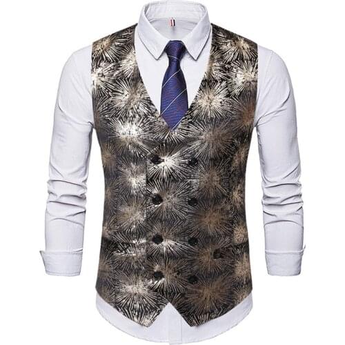 Vest For Men V Neck Silver Bronzing Flower Cotton Blended Solid Double-Breasted Slim Fit For Casual Formal Male Wear Clothing