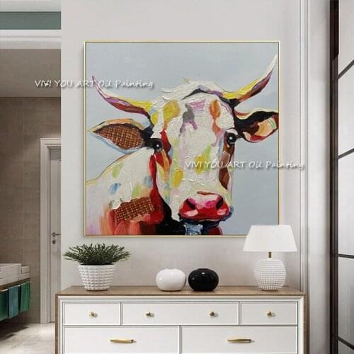 The 100% Handpainted Cow Bull Canvas Painting Modern Best Large Simple Artwork Pictures Thick Oil Wall Unframed Art Decor Animal