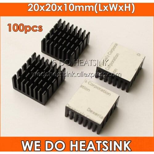 100pcs 20x20x10mm Black Anodized and Slotted Aluminum Heatsink With Thermal Adhesive Double Sided Tape