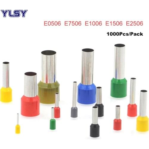 1000Pcs Tube Insulated Cord End Crimp Terminal Electrical Wire Connector E0506~E2506 Cable Brass Ferrules VE 22-14AWG 0.5-2.5mm2