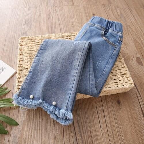 2021 Spring Autumn Casual 3 4-12 Years Children Elastic Long Pants Washed Tassel Wide Leg Flared Denim Jeans For Baby Kids Girls