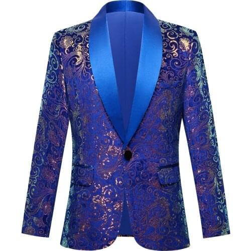 Glitter Sequins Embroidery Floral Pattern Blazer Evening Party Stage Costume Banquet Performance Formal Suit Jacket Slim Tuxedo