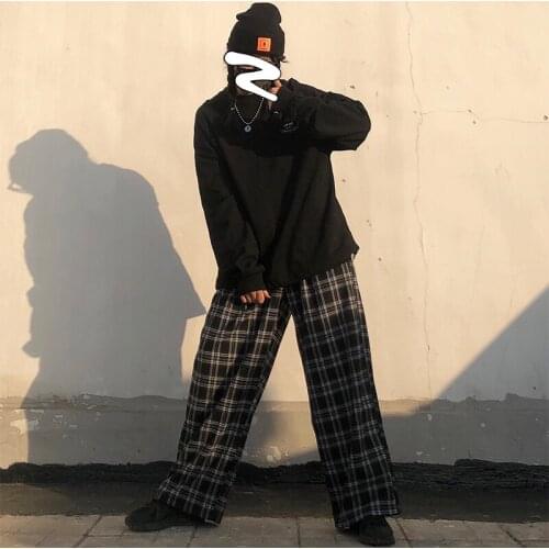 Spring And Autumn New Korean Retro Womens Pants Loose High Waist Plaid Casual Wide Leg Pants Wild Men And Women Trousers Tide