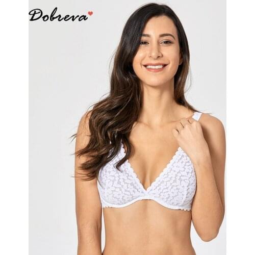 DOBREVA Womens Sexy Lace Bralette Plus Size Minimizer Bra Underwire Plunge Unlined Bras