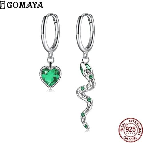 GOMAYA Symmetry Series 925 Sterling Silver Drop Earring For Women Heart Snake Shape Earrings Green Cubic Zirconia Fine Jewelry