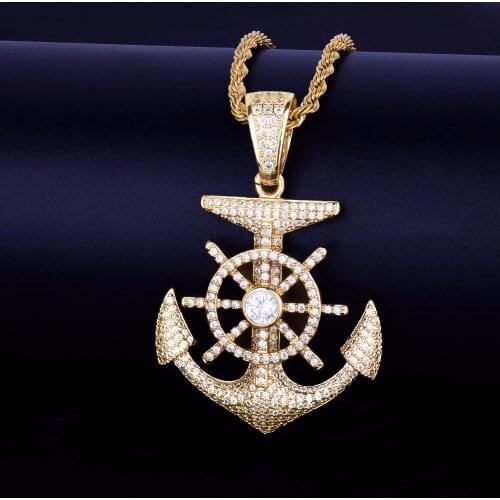 Hip Hop Iced Out Micro Zircon Anchor Cross Exaggeration Pendant Necklace Stainless Steel Men Classic Creative Jewelry Necklace
