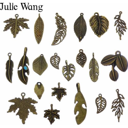 Julie Wang 10PCS Randomly Mix Vintage Leaves Charms Alloy Antique Bronze Leaf Bracelet Jewelry Making Pendant Accessory
