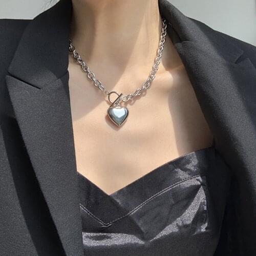 Korean Silver Color Heart Lock Chain Choker Necklace For Women Collar Goth Necklaces Fashion Party Chain Necklaces Punk Jewelry