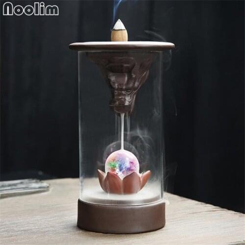 Creative Purple Clay Dragon Incense Burner Ceramic Waterfall LED Light Electric Incense Holder Aroma Censer With Acrylic Cover