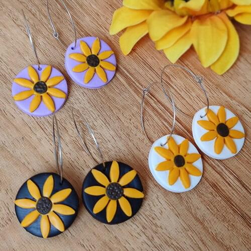 Handcrafted Round Polymer Clay Daisy Floral Hoop Earrings for Women 2021 New Original Jewelry Wholesale