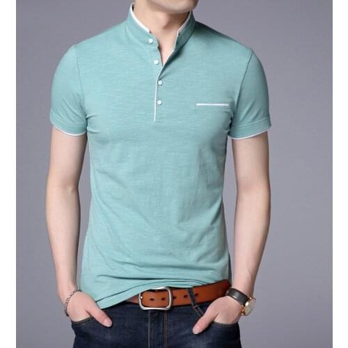 2020 Summer Casual Slim T Shirt Men Cotton Short Sleeve Man T-Shirt Stand Collar Solid Mens Tee shirt Homme