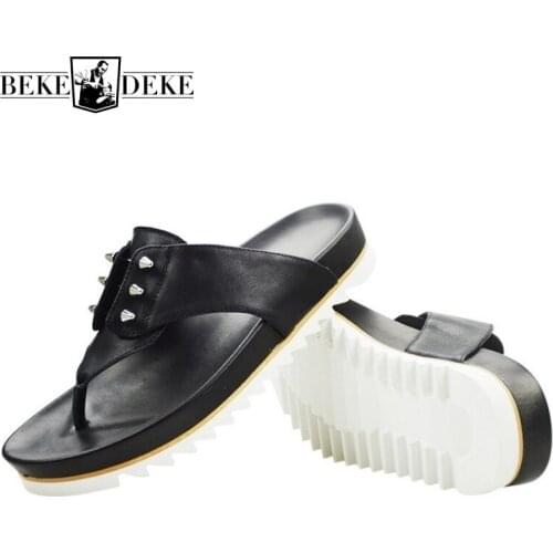 British Men Summer Shoes Beach Flip Flops Street Fashion Rivets Cow Leather Platform Sandals Casual Design Slide Outdoor Sandals