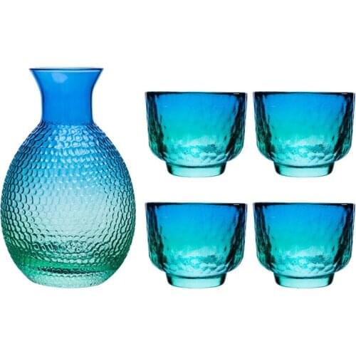 50-400ml Hammered Sake Bar Set Fashion 1 Wine Pot 4 Cups Heat-Resistant Peacock Blue Amber Shochu Decanter Hip Flask