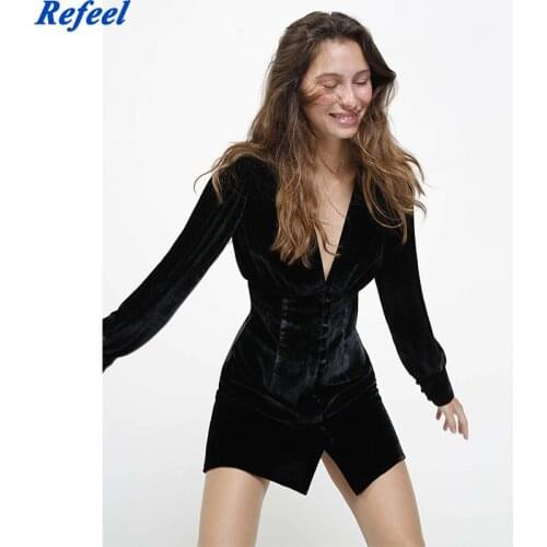 New Women Vintage V Neck Black Slim Mini Dress Soft Lady Long Sleeve Chic Femme Vestidos