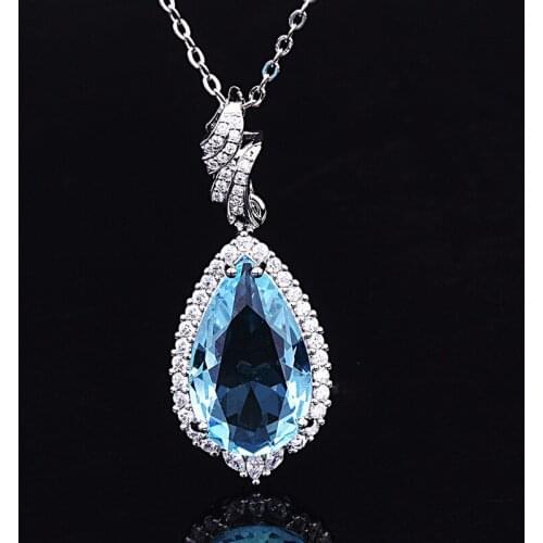 New water drop aquamarine topaz necklace female silver plated white gold inlaid zircon sapphire ladies pendant wedding anniversa