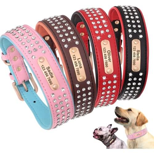 Personalized Dog Collar Bling Rhinestone Pet Collar With Customized lD Tag Nameplate For Medium Large Dogs Labrador Bulldog Pug