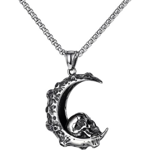 Stainless Steel Punk Rock Crescent Moon Skull Pendant Necklace Fashion Men Street Dance Jewelry Gift For Him with Chain