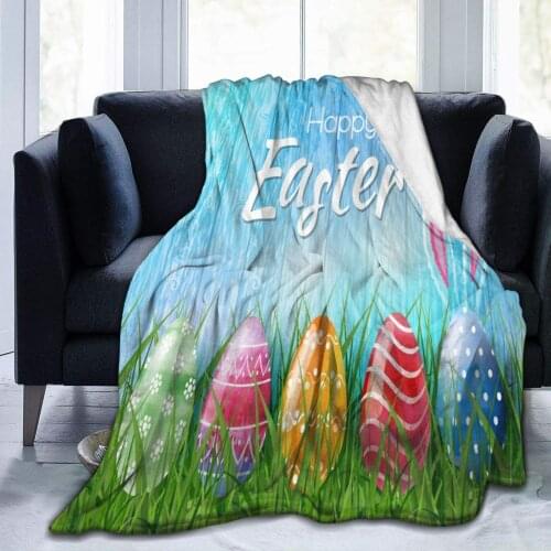 Happy Easter Colorful Easter Egg Bunny Grass on Blue Wooden Throw Blanket Soft Lightweight Durable Flannel Fleece Blanketfor Bed