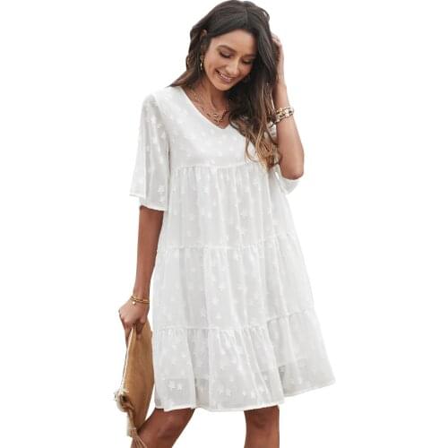 Apricot V Neck Tiered Babydoll Lace Dress for Women Summer Beach A Line Short Dress