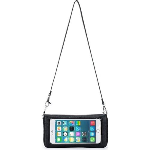 Genuine Leather Clear Touch Screen Mobile Phone Bag RFID Blocking Anti-Stolen Long Crossbody Purse Cellphone Wallet Bill Pocket