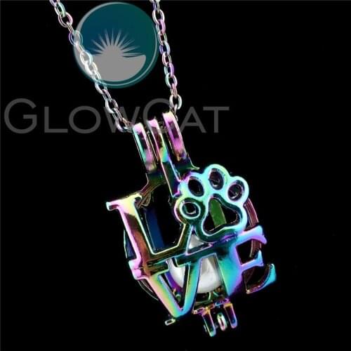 R-C772 Rainbow Colors Letter Love Cat Paw Print Beads Cage Pendant Perfume Diffuser Aromatherapy Pearl Cage Locket Necklace
