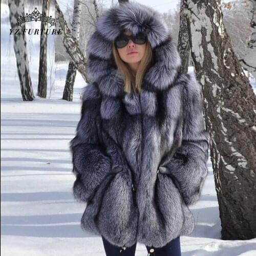 Luxury 2020 New Real Sliver Fox Fur Coat Women Winter Thick Warm Female Fur Jacket With Hood Genuine Fur Coats For Girls FC-167
