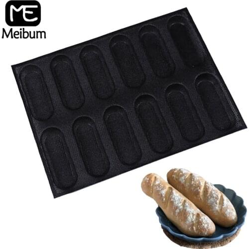 Meibum 12 Cavity Baguette Silicone Mould Oval Bread Mold Hot Dog Bun Form Glass Fiber Non Stick Bakeware Pastry Baking Tools