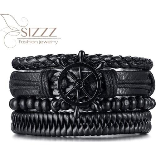 SIZZZ 2020 Alloy rudder + black wooden beads PU leather woven four-piece set bracelet&bangles for men