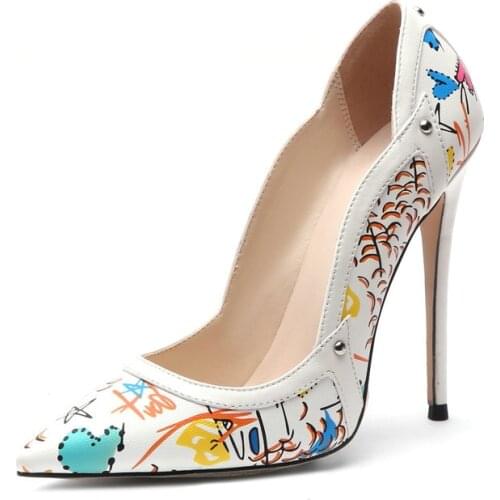 Sexy Stiletto Women High Heel Shoes Graffiti Pointed Toe Womens Pumps Nightclub Party Shoes Large Size Shallow Ladies Shoes